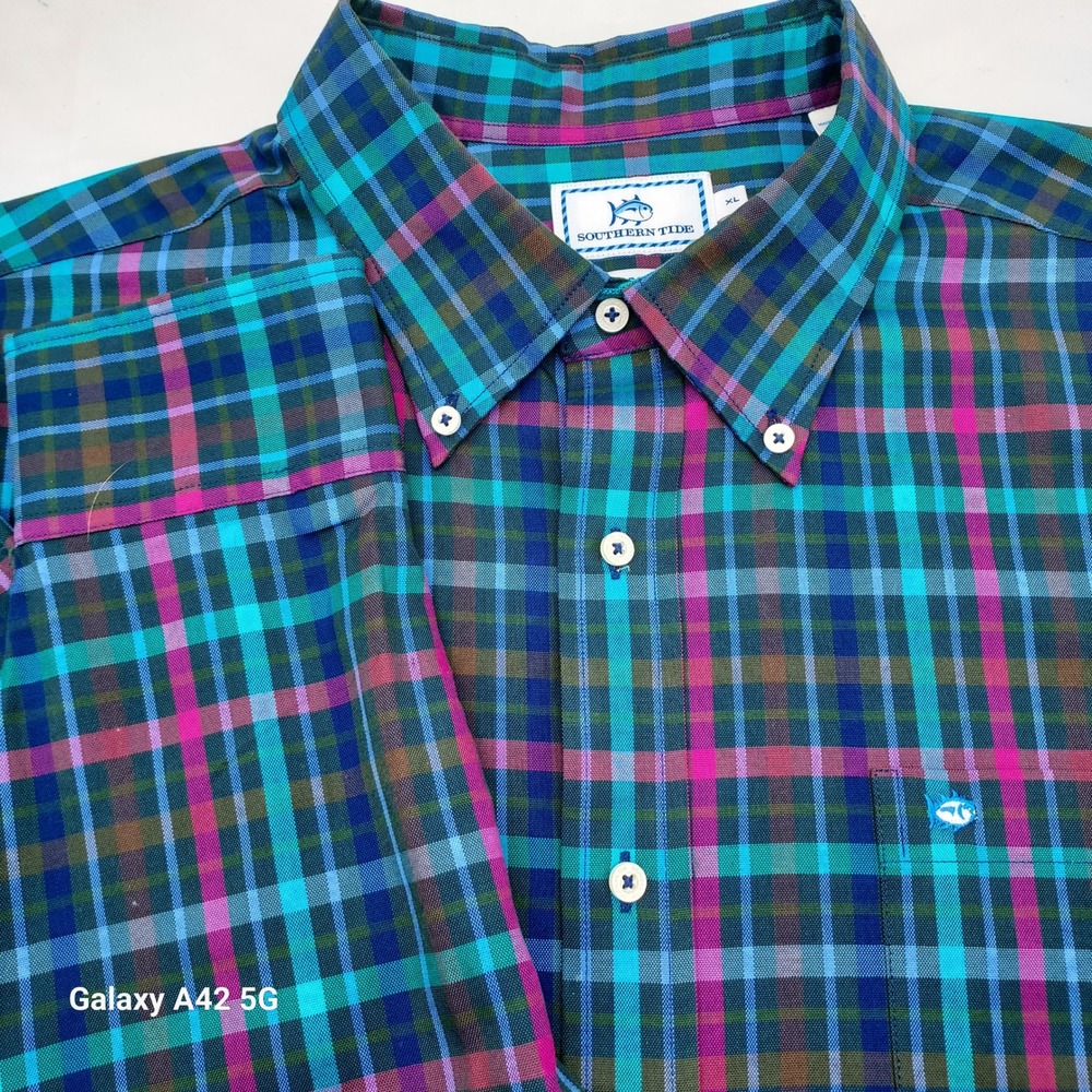 Southern‎ Tide Mens XL Classic Fit Plaid Button Down Shirt Teal Blue Pink 14169